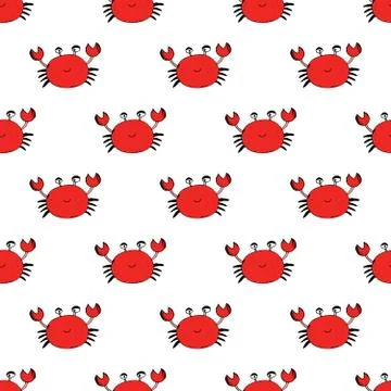 Cute Crab Seamless Pattern, Cartoon Hand Drawn Animal Doodles Vector Illustra Stock Illustration