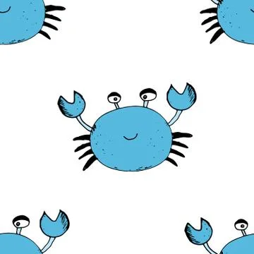 Cute Crab Seamless Pattern, Cartoon Hand Drawn Animal Doodles Vector Illustra 스톡 일러스트