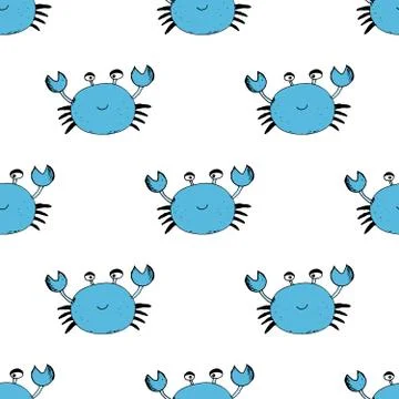 Cute Crab Seamless Pattern, Cartoon Hand Drawn Animal Doodles Vector Illustra Stock Illustration