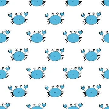 Cute Crab Seamless Pattern, Cartoon Hand Drawn Animal Doodles Vector Illustra Stock Illustration