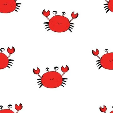 Cute Crab Seamless Pattern, Cartoon Hand Drawn Animal Doodles Vector Illustra Stock Illustration