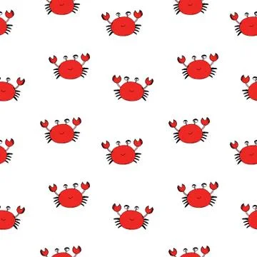 Cute Crab Seamless Pattern, Cartoon Hand Drawn Animal Doodles Vector Illustra Stock Illustration