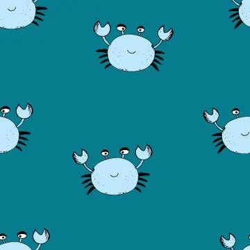 Cute Crab Seamless Pattern, Cartoon Hand Drawn Animal Doodles Vector Illustra Illustrazione stock