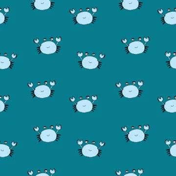 Cute Crab Seamless Pattern, Cartoon Hand Drawn Animal Doodles Vector Illustra Stock Illustration