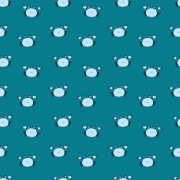 Cute Crab Seamless Pattern, Cartoon Hand Drawn Animal Doodles Vector Illustra Stock Illustration