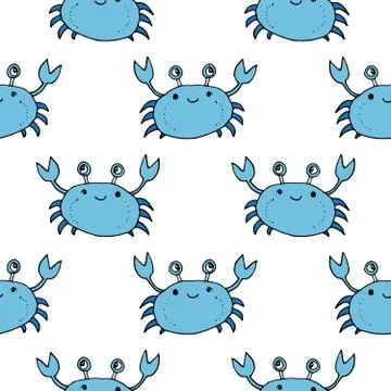 Cute Crab Seamless Pattern, Cartoon Hand Drawn Animal Doodles Vector Illustra Stock Illustration