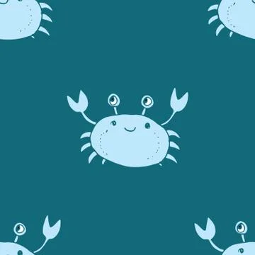 Cute Crab Seamless Pattern, Cartoon Hand Drawn Animal Doodles Vector Illustra Illustrazione stock