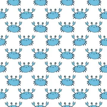 Cute Crab Seamless Pattern, Cartoon Hand Drawn Animal Doodles Vector Illustra Stock Illustration