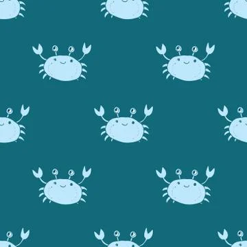 Cute Crab Seamless Pattern, Cartoon Hand Drawn Animal Doodles Vector Illustra 스톡 일러스트