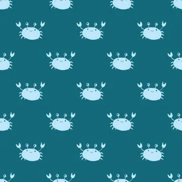 Cute Crab Seamless Pattern, Cartoon Hand Drawn Animal Doodles Vector Illustra Illustrazione stock