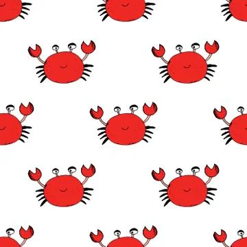 Cute Crab Seamless Pattern, Cartoon Hand Drawn Animal Doodles Vector Illustra Illustrazione stock