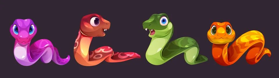 Cute crawling snake cartoon vector character set Stock Illustration