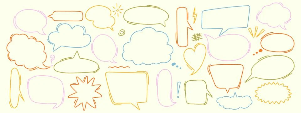 Cute crayon speech bubble collection. Childish hand drawn comic balloons in.. Stock Illustration