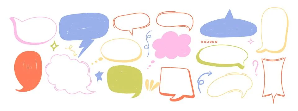 Cute crayon speech bubble set. Hand drawn doodle style comic balloons in br.. Stock Illustration