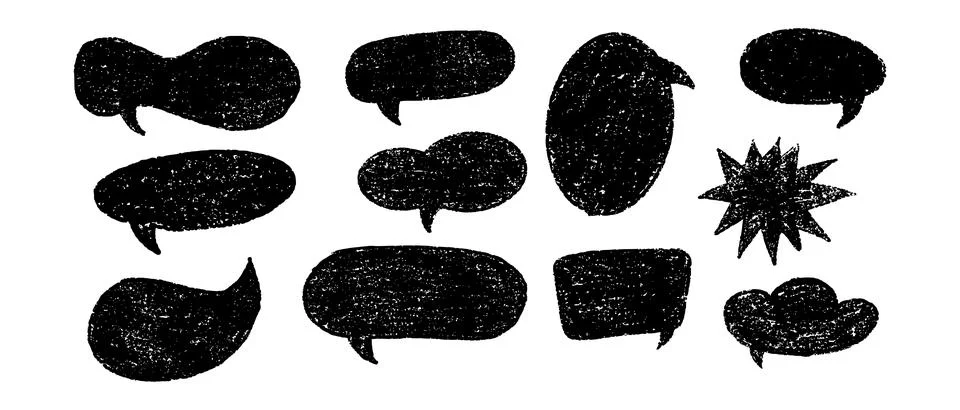 Cute crayon speech bubble set. Hand drawn chalk doodle text boxes, funky gr.. Stock Illustration