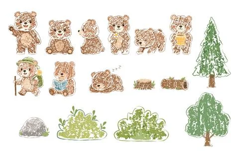 Cute Crayon Teddy Bear Clip Art Set with Forest Elements Vector イラスト素材