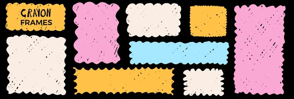 Cute crayon texture rectangle borders featuring squiggly scalloped edges, ideal Stock Illustration