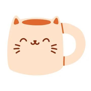 Cute cream ceramic mug with kitty cat face vector isolated on white. Perfect Stock Illustration