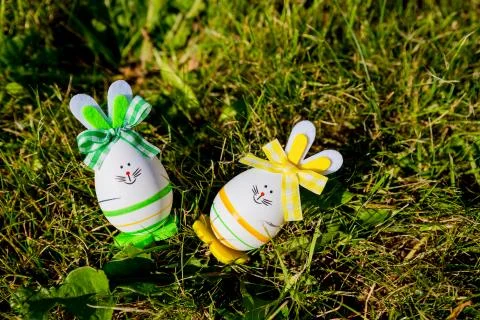 Cute creative photo with easter eggs as the Easter Bunny on green grass Foto stock