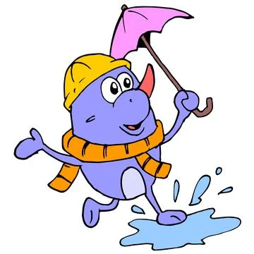 Cute creature playing with rain puddle Stock Illustration
