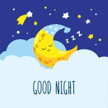 Cute crescent sleeping on a cloud. Hand-written inscription good night. Stock Illustration