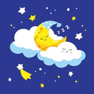 Cute crescent sleeping on a cloud. Stock Illustration