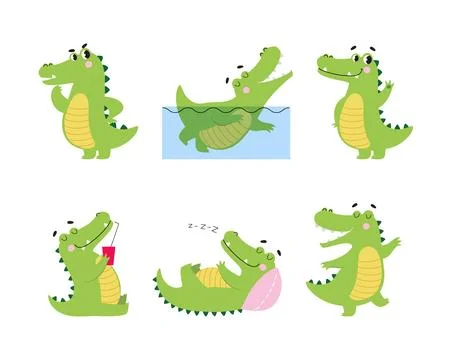 Cute Crocodile Character Engaged in Different Activity Vector Illustration Set 스톡 일러스트