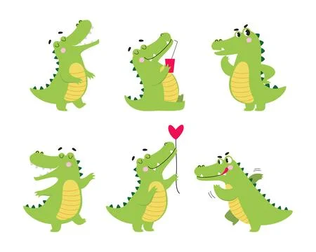 Cute Crocodile Character Engaged in Different Activity Vector Illustration Set 스톡 일러스트