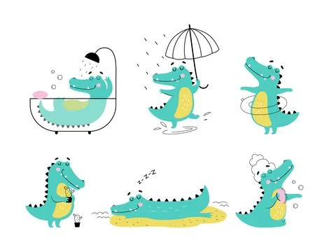 Cute Crocodile Character Engaged in Different Activity Vector Illustration Set Stock Illustration