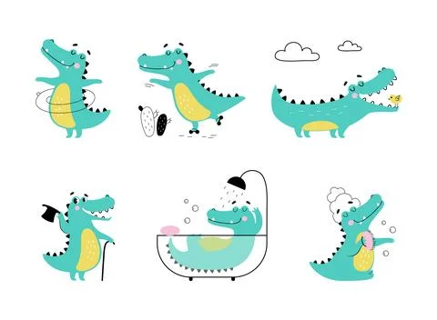 Cute Crocodile Character Engaged in Different Activity Vector Illustration Set 스톡 일러스트