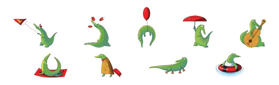 Cute Crocodile Character Engaged in Different Activity Vector Set Stock Illustration