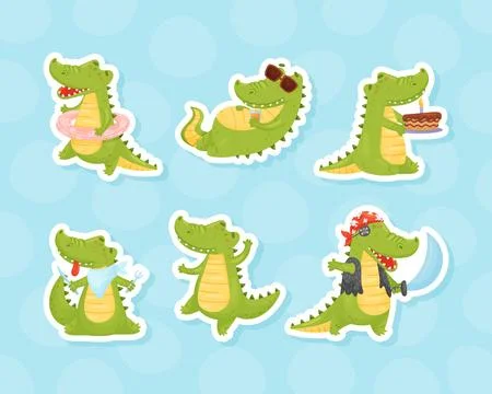 Cute Crocodile Character Engaged in Different Activity Vector Sticker Set. Stock Illustration