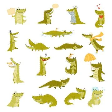 Cute Crocodile Character Engaged in Different Activity Big Vector Set 스톡 일러스트