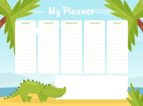 Cute Crocodile Character Planner with Week Day Vector Template Illustrazione stock