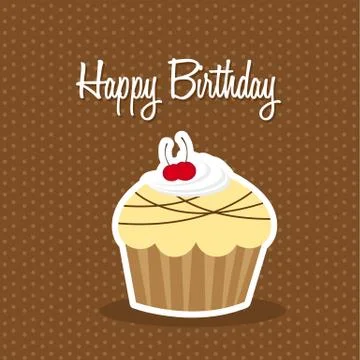 Cute cup cake over brown background, birthday. vector Stock Illustration