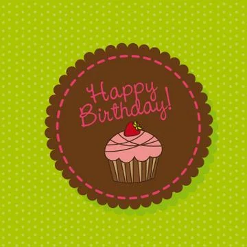 Cute cup cake over label, happy birthday. vector illustration Stock Illustration