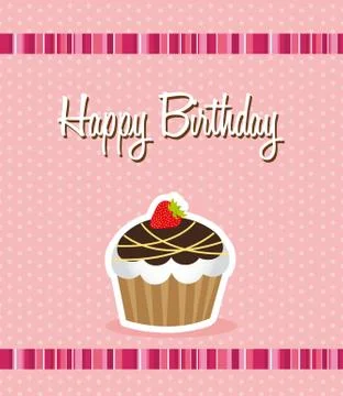 Cute cup cake over pink background, birthday. vector Stock Illustration