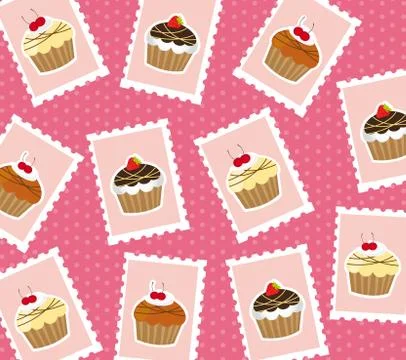 Cute cup cake postage stamps over pink background. vector Ilustração Stock