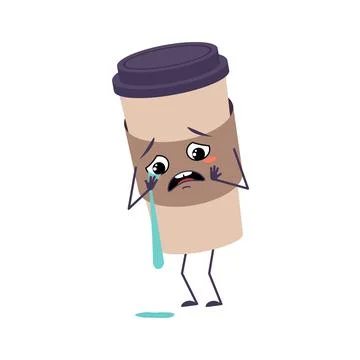 Cute cup of coffee character with crying and tears emotions, face, arms and legs Stock Illustration