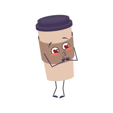 Cute cup of coffee character falls in love with eyes hearts, kiss face, arms and Stock Illustration
