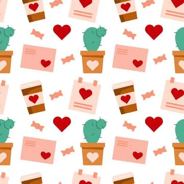 Cute cup of coffee with heart, cactus, calendar and envelope Stock Illustration