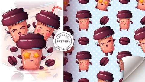 Cute cup coffee - seamless pattern Stock Illustration