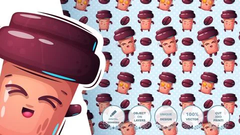 Cute cup coffee - seamless pattern Stock Illustration