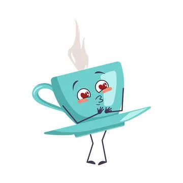 Cute cup of tea character falls in love with eyes hearts, kiss face, arms and Illustrazione stock