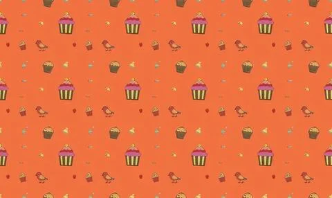 Cute cupcake and bird pattern on orange background Stock Illustration