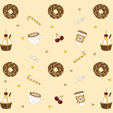 Cute cupcake and donut vector background, Cartoon bakery background, Adorable Stock Illustration