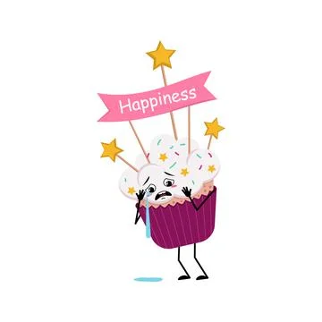 Cute cupcake character with crying and tears emotions Stock Illustration