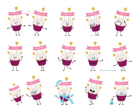 Cute cupcake character with different emotions Stock Illustration
