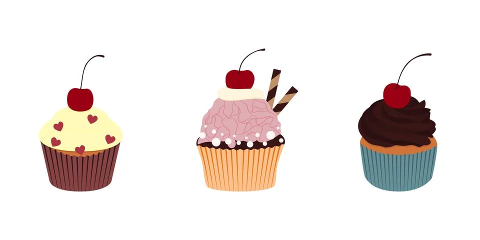 Cute cupcake with cherry set. Flat cartoon design. Vector illustration on w.. Stock Illustration