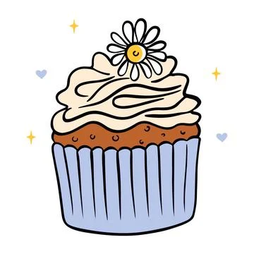 Cute cupcake decorated with a flower. Cake hand draw Stock Illustration